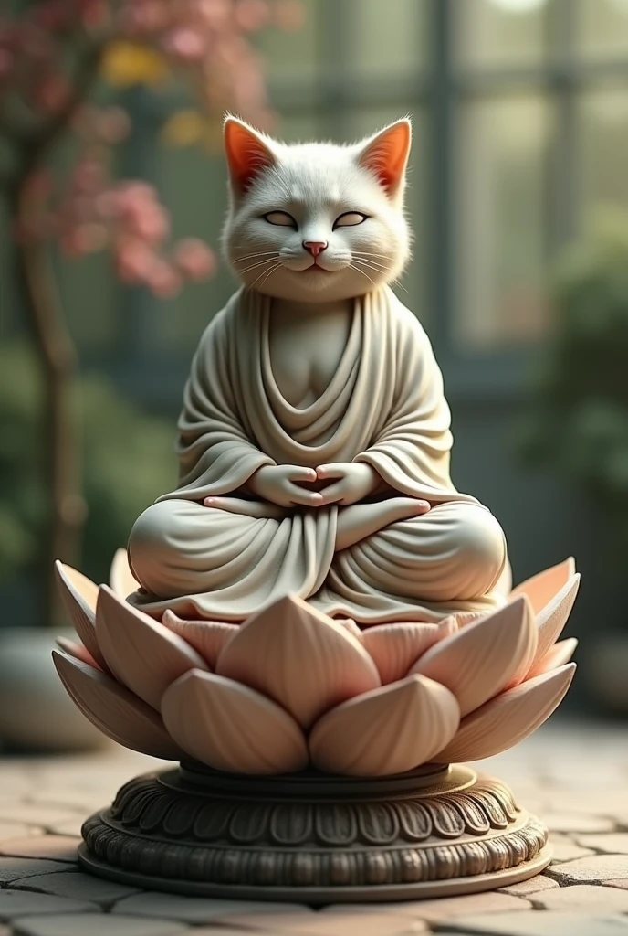 Buddha Statue, cat Buddha statue meditates on a cake pedestal shaped like a lotus flower,