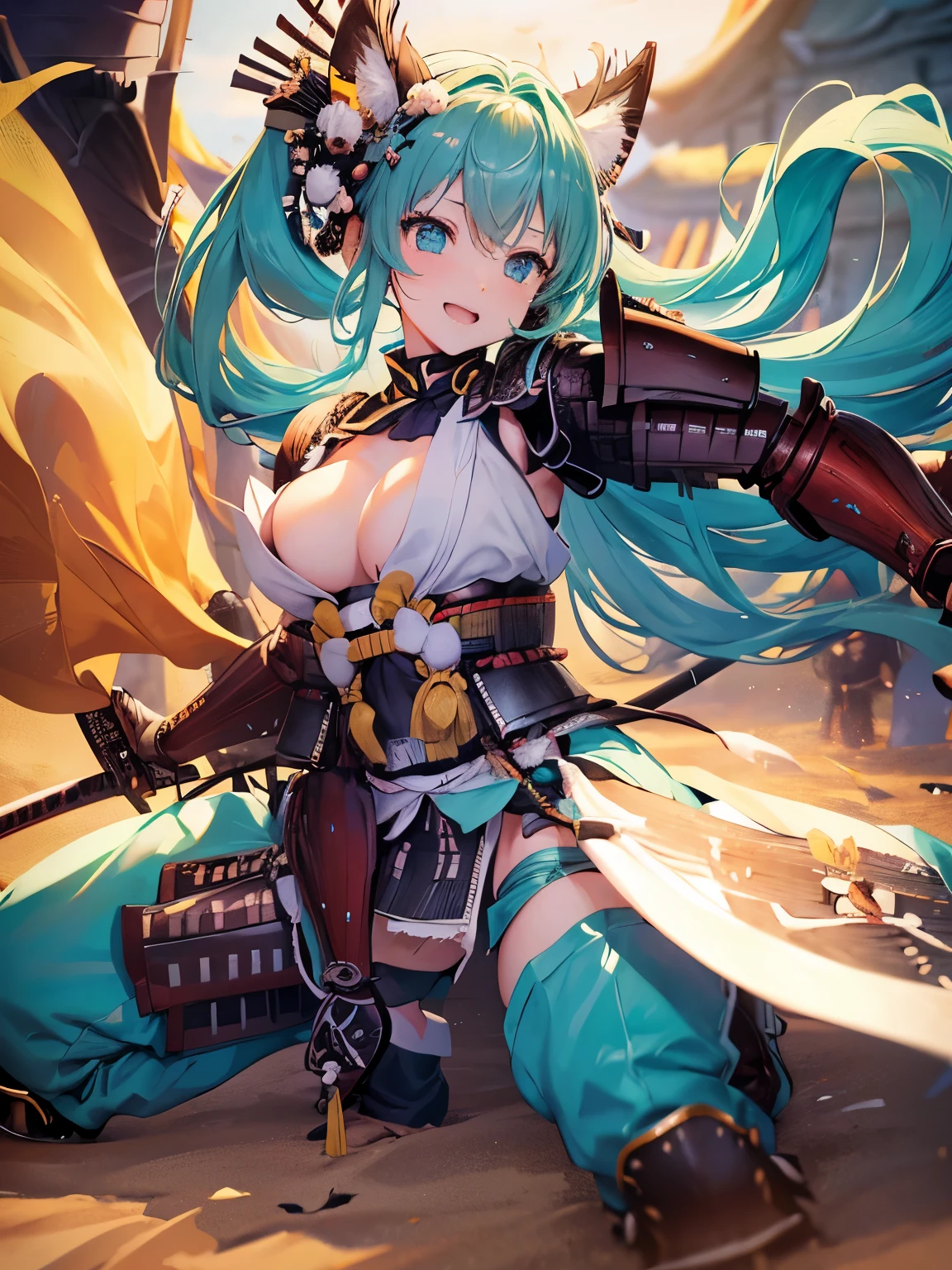 Hatsune Miku ,(((anime-style cute face)))、Highest quality、超High resolution、High resolution、Extremely detailed CG、8K Unit Wallpaper, Very smiling, (((Cute beautiful breasts))), Beautiful and seductive,Highest quality, Best Anatomy, （(Samurai Armor:1.6)）、Big thighs、Muscular、Depth of written boundary、Focus is on the face、blush、Lewd、Model pose、Close-up of face and chest、（Healthy female body）、looking at the camera、grassland、Shot with a standard lens、Photographed from diagonally in front、Full body view、With a bow、Hinomaru Flag、Battle Scenes、Battle on the beach、Arrows fly、Many warriors fighting behind！