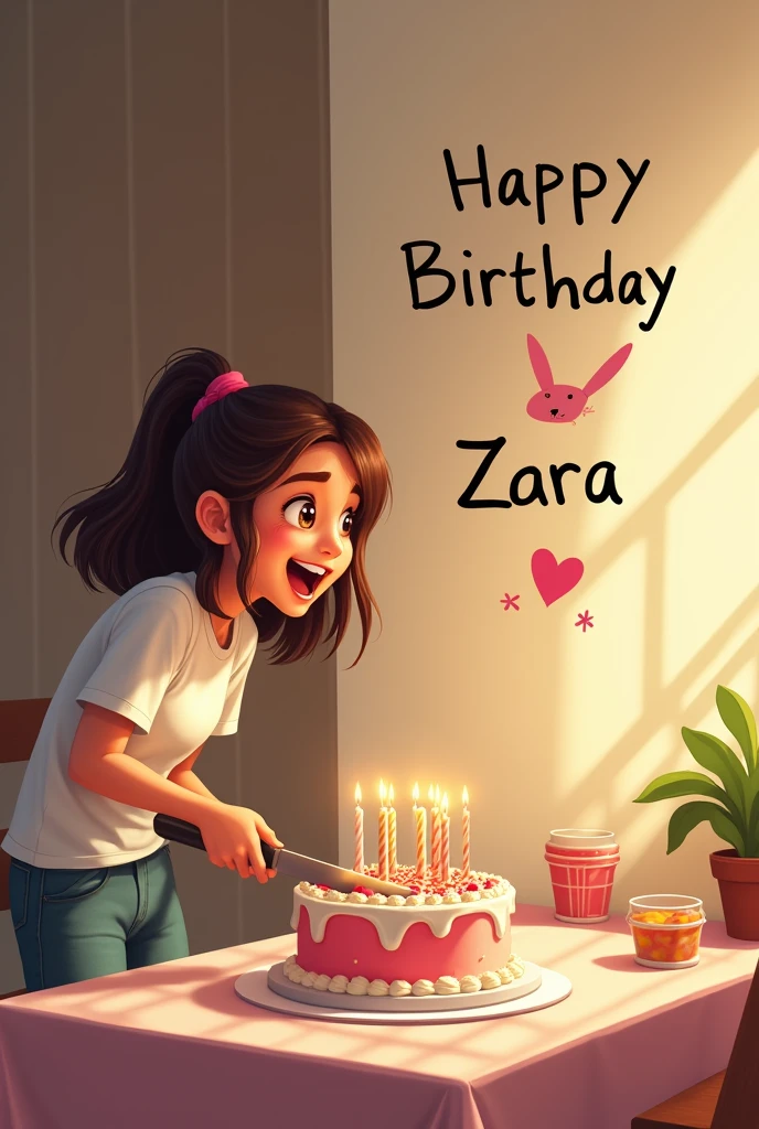 i want a teen cutting cake and named mention Happy Birthday Zara From bunny🐰 on wall