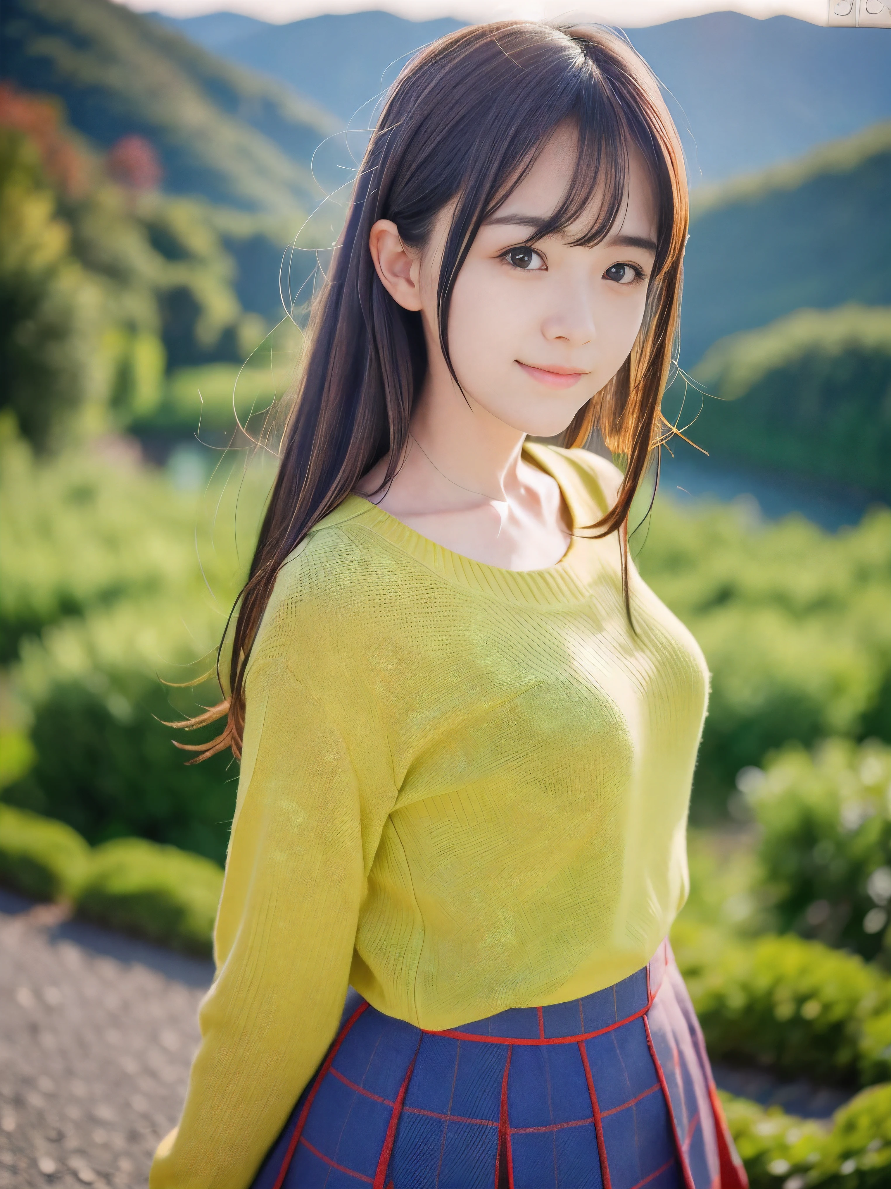 (Close up face shot of one slender small breasts dark silver long hair with swept bangs girl in a long sleeves shirt and sweater and skirt:1.5)、(One girl is looking back with sad smile on the dart road near the lake and big waterfall in Japan:1.5)、(Beautifulsunset time with autumn red leaves and mountain:1.5)、(Natural light:1.5)、(8k ultra detailed master piece:1.5)、(perfect anatomy:1.5)、(Photorealistic stick:1.5)、(Raw photo:1.3)、(highest quality:1.5)、(High resolution:1.3)、(Delicate and beautiful perfect face:1.3)、(Delicate and beautiful eye air skin:1.3)、(Real Human Skin:1.3)、((thin legs))