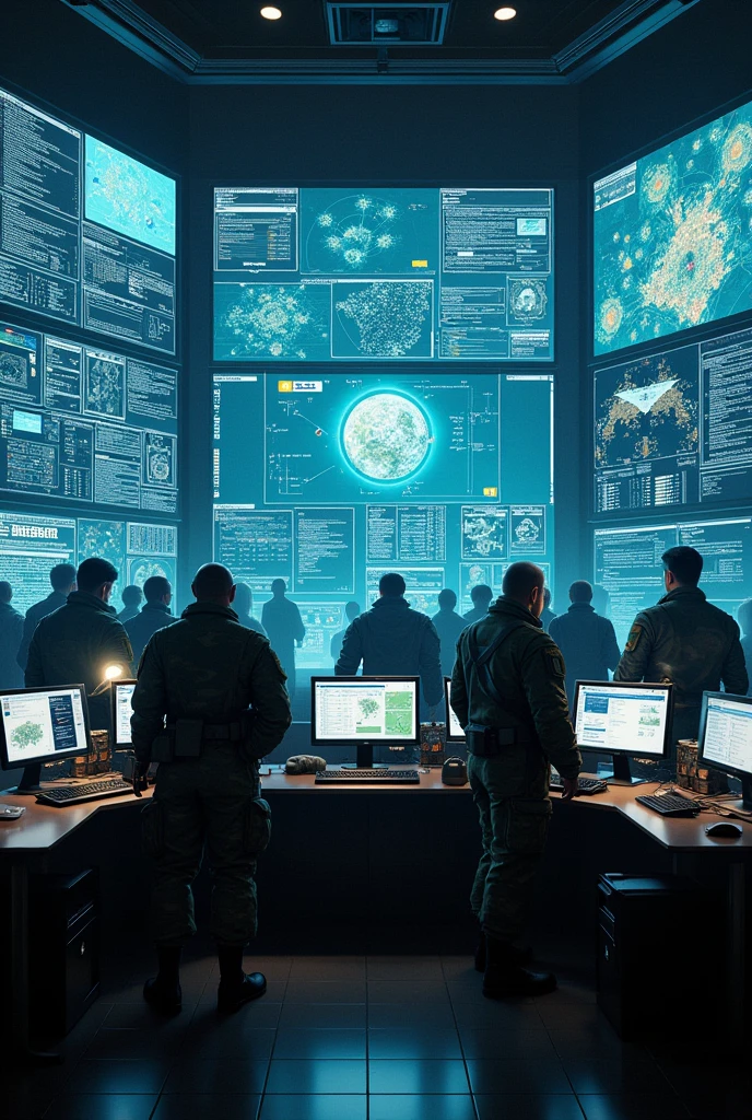 War room, commands and controls room, military, soldier's, big screens,