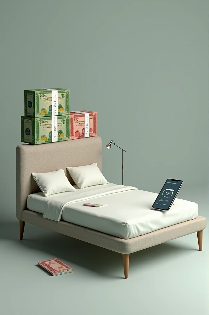 A music album cover where the bed is with some blocks of Brazilian money and an iPhone playing