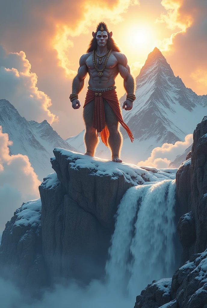 (photorealism:1.2),lord Hanuman standing on ice mountain clouds sun light focus on Hanuman beautiful water flowing