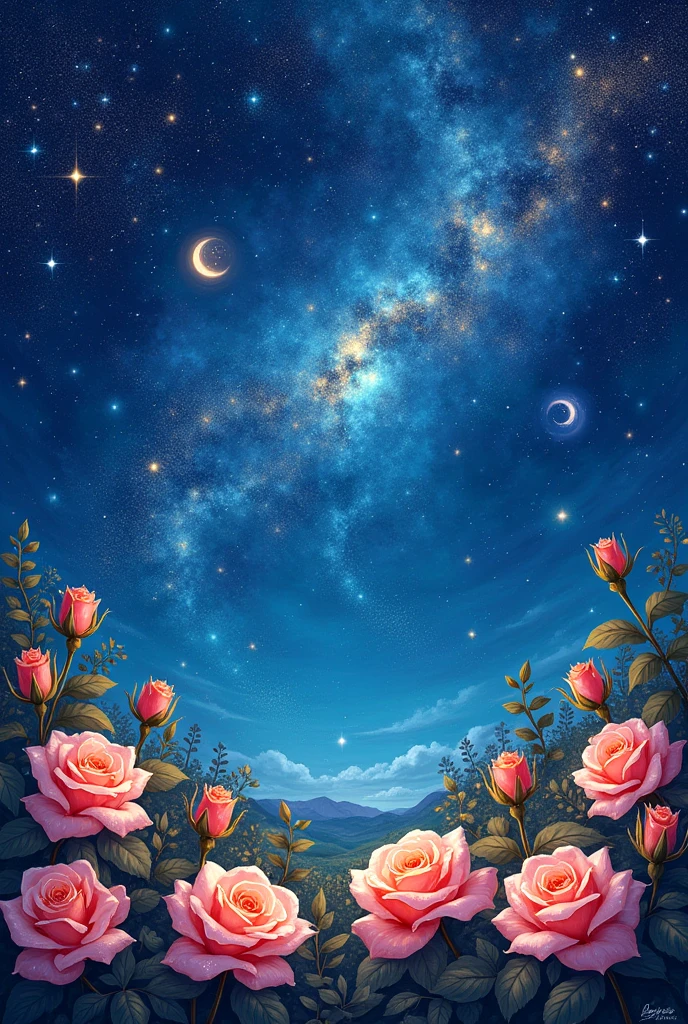 Create an illustration of a starry night with roses below and in an impressionism paint


