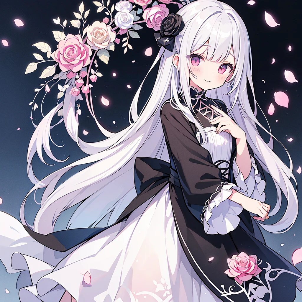 Transparent watercolor、、Beautiful layout and motif、Depth of written border、smile、1 person、Silver Hair((Medium Hair、Straight Hair))、White bristles、Fashionable design clothes、Background white、Rose petals、cute、black and pink goth、