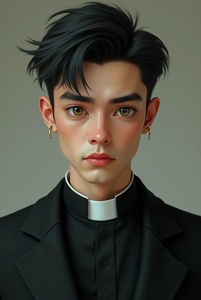 A young man (about twenty-four years old) hairless, White skin, green eyes with brown highlights and black hair dressed in a black suit with a realistic priest collar