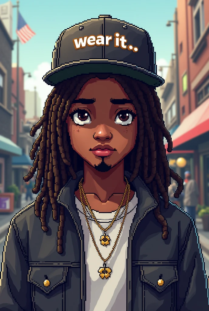 pixel art of a boy with long dreadlocks, goatee and cap where it is written "Wear it" with street wear clothes