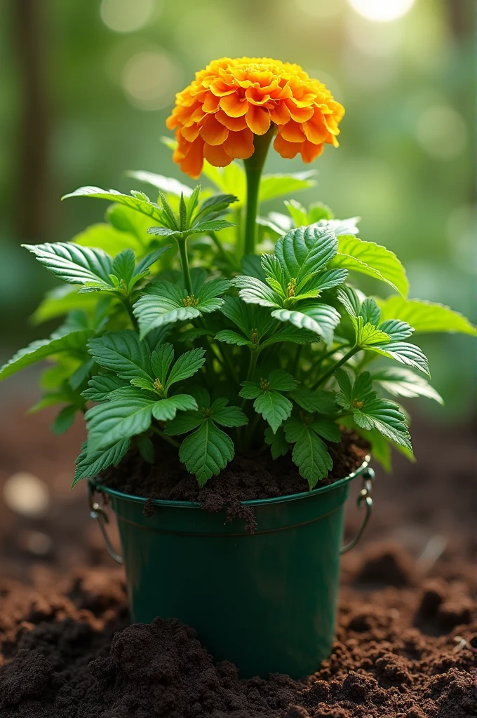 A healthy plant or marigold , with green and very beautiful leafs thick steam and cute and in the bucket made up of soil