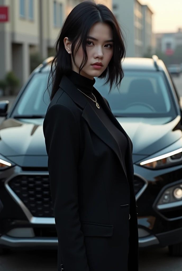 Une fille brune de 20 ans courte de taille au cheveux noirs et habits noirs devant une hyundai creta noire 2018