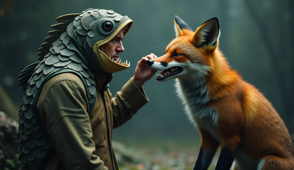 There is a shadow、Photorealistic、Ultra HD、A man in a fish costume touches a fox's head、The fox is smiling a lot、Side view