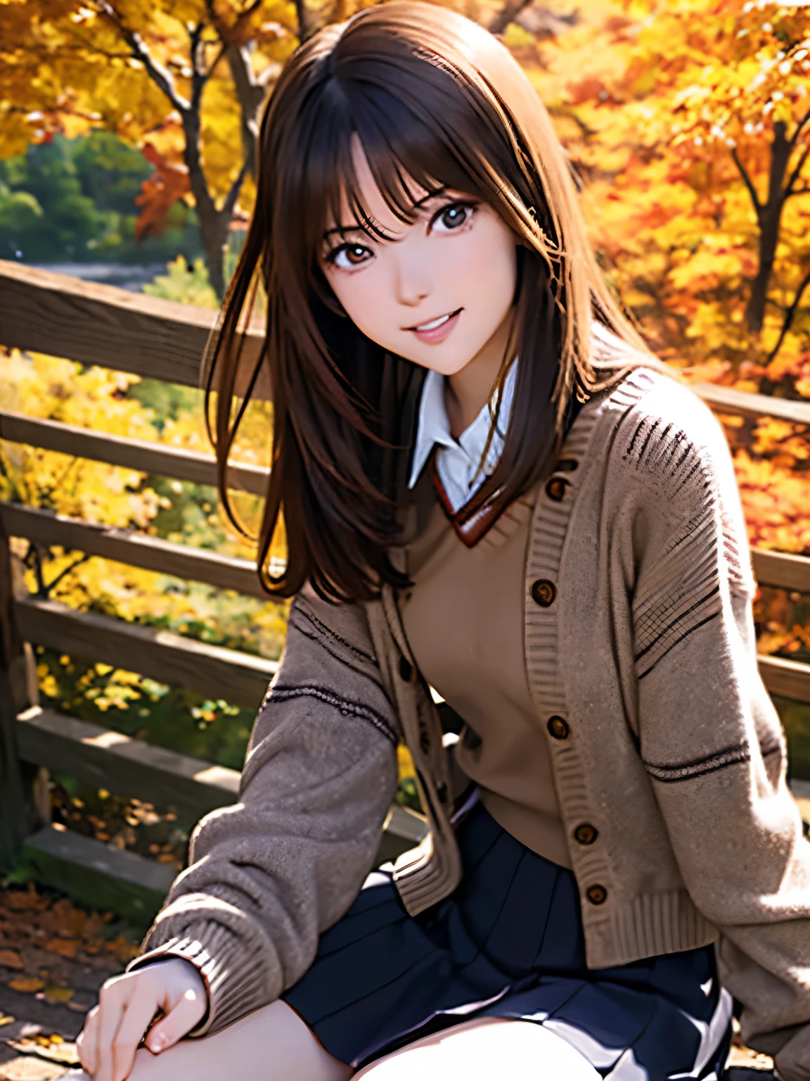 High resolution, 8k, Highest quality, detailed, Semi-realistic anime, Anime 3D Style, Smooth anime CG, One Girl, A 20-year-old Japanese woman, slim, Modeled, Shiny brown hair, detailedな顔, Beautiful and detailed, Glowing Skin, Hard Focus、Film Grain, Soft lighting, Looking at the audience, Laughter, (Warm sweaters and skirts、Autumn-like calm colors), A quiet mountain path with vibrant autumn foliage