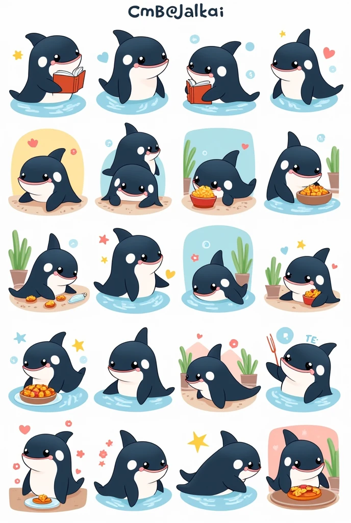 chibi orca whale for sticker organize 24 pictures about manners Orca, such as Orca is eating a fish, Orca reading a book, Orca is cooking, Orca says hello, Orca says good night, Orca says love, Orca is sleeping, Orca playing telephone, Orca is anger, Orca is happy, Orca is washing, Orca is funny, Orca is playing bubble with other Orca, Orca is writing a book, Orca is drawing, Orca is slaping other Orca, Orca is crying, Orca is smiling, Orca is lauging, Orca is singing with microphoe, Orca is dibing, Orca is resing at beach, Orca is tried, Orca plaing with friends