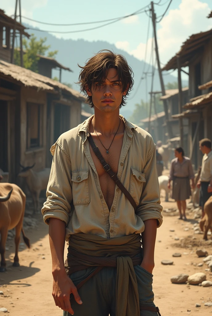 A young man with not so long brown hair, wearing torn and dirty clothes in the middle of a village 
