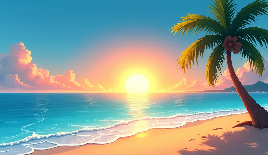 Create a horizontal background on the beach where you can see a sunrise at sea and a palm tree on the right., It should be an animated image with clear and bright colors