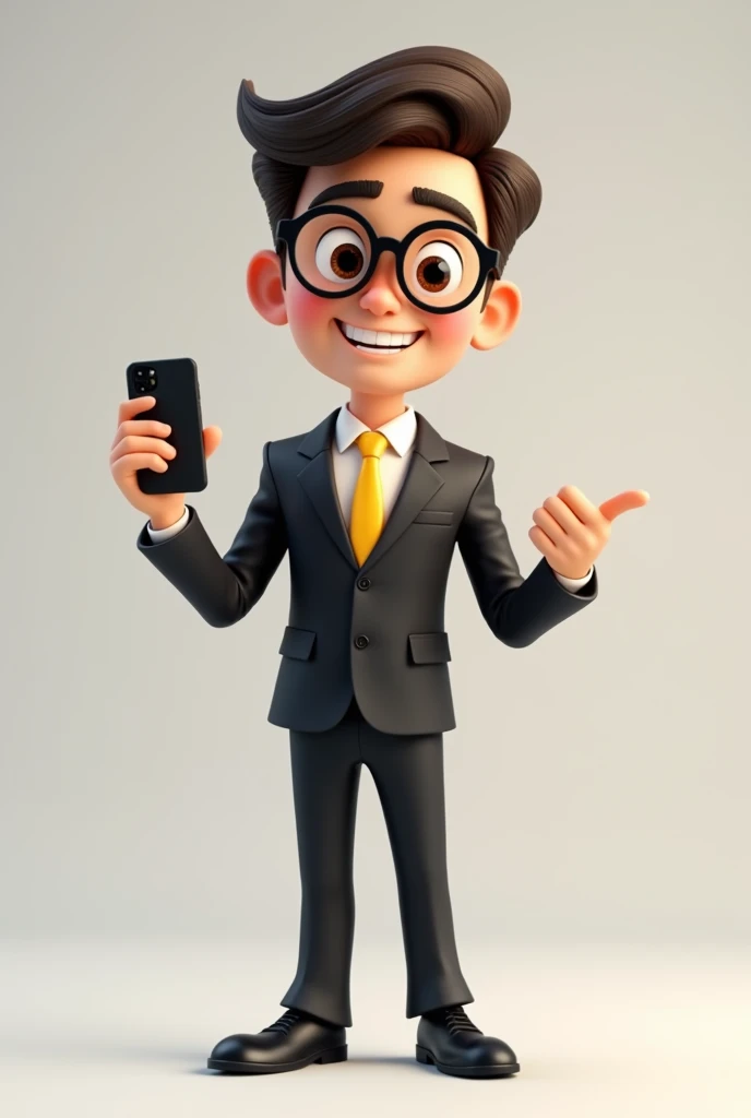 A full body 3D cartoon character. He has a friendly appearance, charismatic and is smiling. The character is a young man with fair skin, dark brown straight hair, bushy eyebrows, big brown eyes and wears glasses. His behavior is cheerful.

The character is dressed formally, wearing a black suit with a yellow tie.

With one hand she is holding a cell phone and with the other she is pointing at the cell phone. The background of the image is neutral, which further highlights the character.