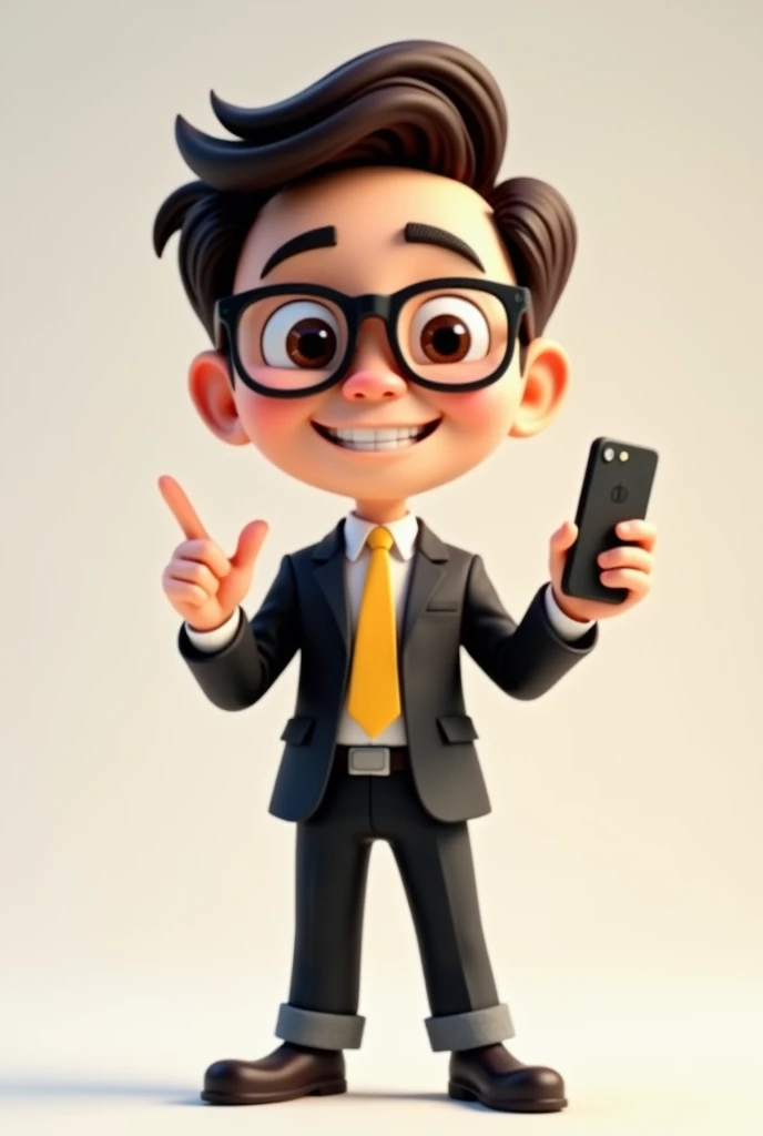 A full body 3D cartoon character. He has a friendly appearance, charismatic and is smiling. The character is a young man with fair skin, dark brown straight hair, bushy eyebrows, big brown eyes and wears glasses. His behavior is cheerful.
The character is dressed formally, wearing a black suit with a yellow tie.
With one hand she is holding a cell phone and with the other she is pointing at the cell phone. The background of the image is neutral, which further highlights the character.