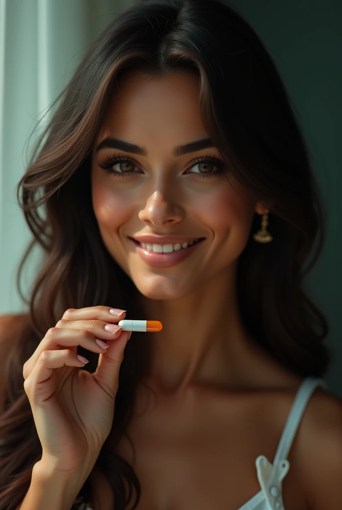 a beautiful latin woman, holding a medicine capsule with his fingers, detailed face, long brunette hair, smiling, cinematographic lighting, ultra detailed, high quality, masterpiece,