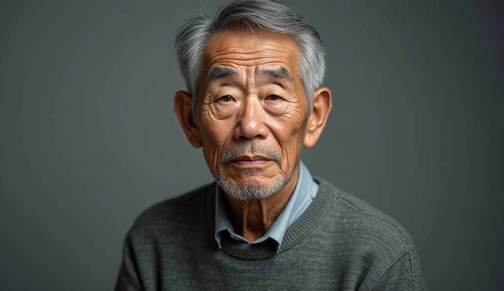 old Korean man of age around 55 years wearing grey sweater, his upper body is in frame