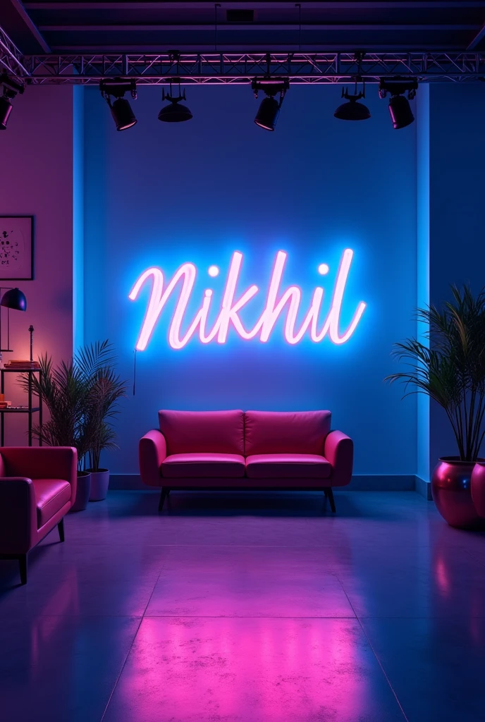 Create a YouTube studio background with a modern and sleek design. In the center of the background, display the name 'Nikhil' in bright neon lights with correct spelling. The neon lights should be in a vibrant color such as electric blue or neon pink. Surround the neon text with subtle, complementary lighting and decor that enhances the studio aesthetic. The overall ambiance should be stylish, professional, and inviting, perfect for a YouTube content creator's studio.