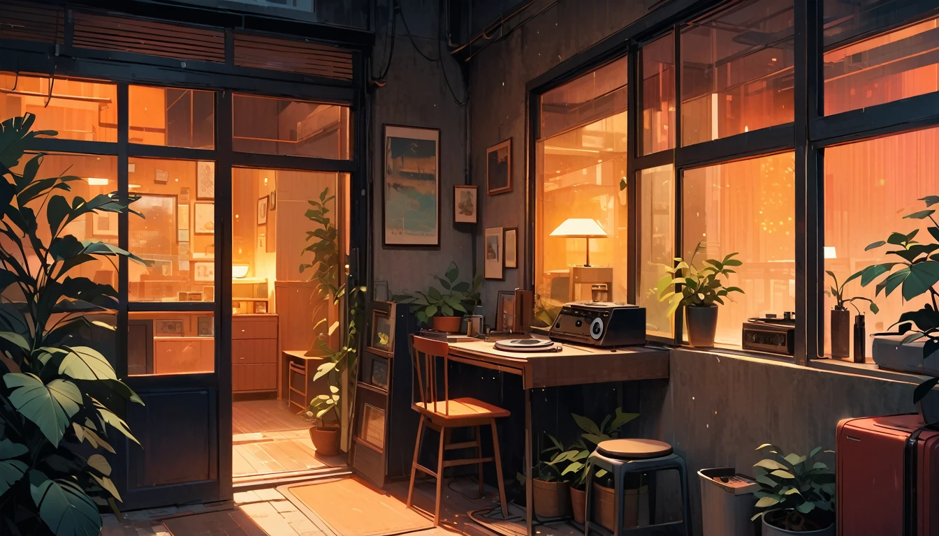 「Quiet street corner at night、Rain-soaked asphalt reflecting soft neon lights。In the window、A record player is playing music in a dimly lit room.。By the window、Plants are placed、It creates a relaxed atmosphere。Overall warm colours、Expressing the soothing atmosphere of Lofi music。」