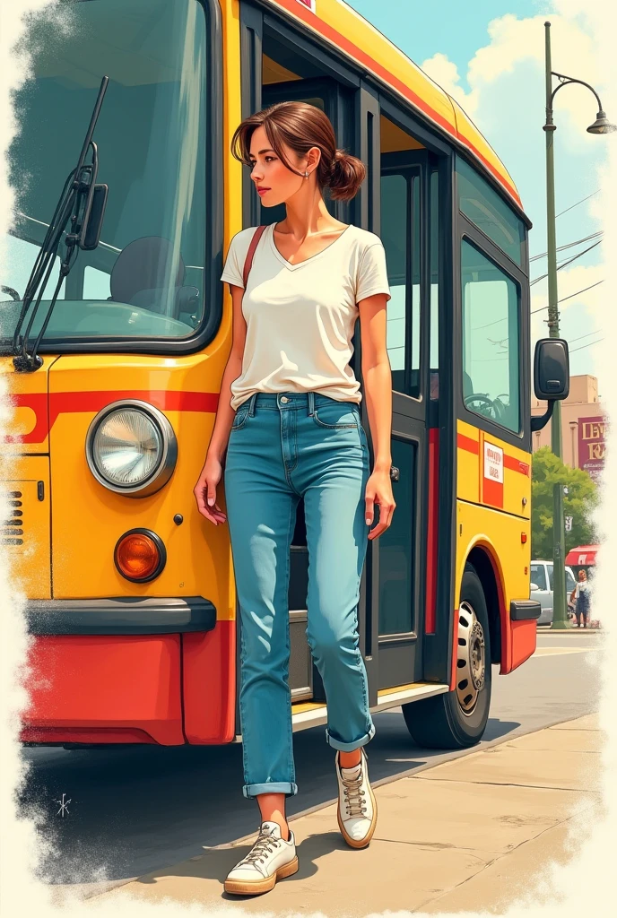 drawn in the form of a colored drawing, a woman in ordinary clothes boarding a bus