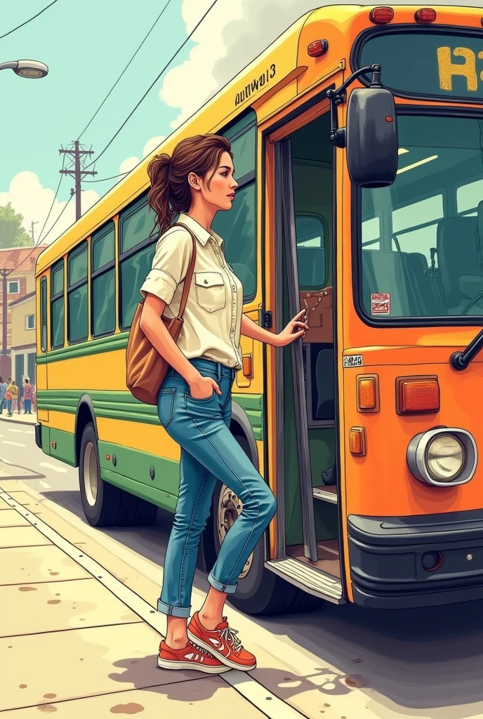 drawn in the form of a colored drawing, a woman in ordinary clothes boarding a bus