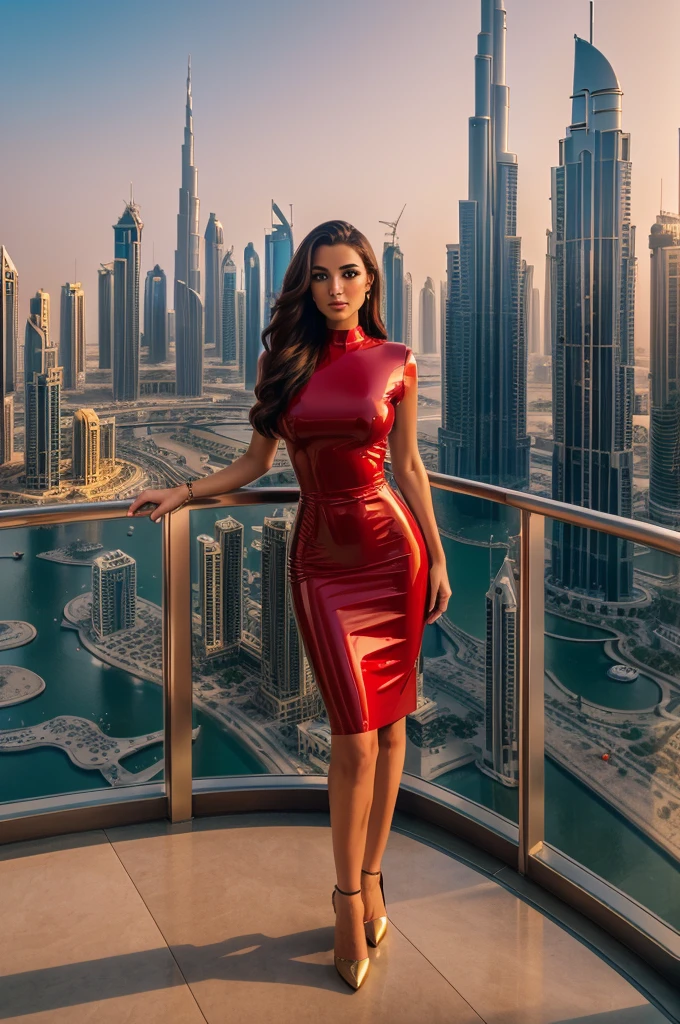 A beautiful female model wearing a red latex dress, standing on the balcony of a 50th floor luxury hotel in Dubai, (best quality,4k,8k,highres,masterpiece:1.2),ultra-detailed,(realistic,photorealistic,photo-realistic:1.37),1girl,beautiful detailed eyes,beautiful detailed lips,extremely detailed eyes and face,longeyelashes,elegant pose,dramatic lighting,cityscape,wealthy hotel,dubai skyline,golden hour,cinematic,vibrant colors,dramatic shadows focen to camera