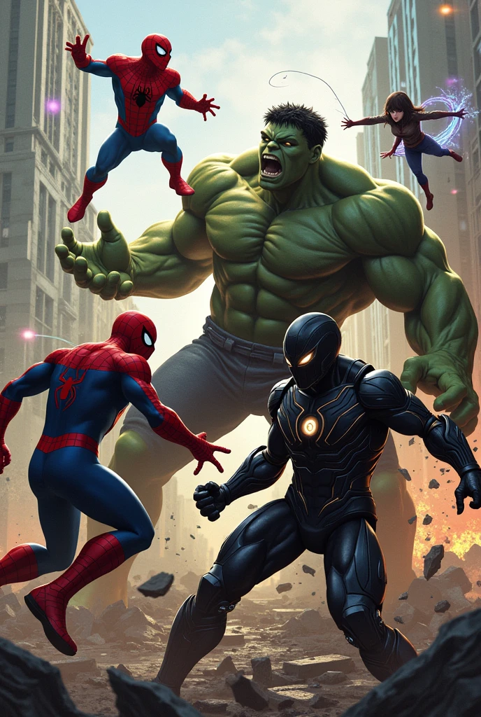 Team-Up Against Darkstrike
"Capture the intense action as Spider-Man, Hulk, and the young hero team up against Darkstrike. Spider-Man is mid-swing, webs shooting toward Darkstrike. Hulk is in the midst of delivering a massive punch, while the young hero hovers above the ground, using his telekinesis to hurl debris at the villain. Darkstrike, despite being outnumbered, stands firm, his dark armor glowing with ominous energy. The scene is chaotic, with the backdrop of New York City in ruins."