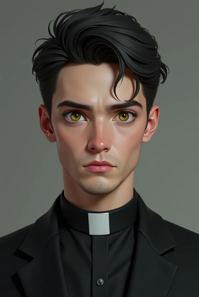 A young man (about twenty-four years old) hairless, White skin, green eyes with brown highlights and black hair dressed in a black suit with a realistic priest collar