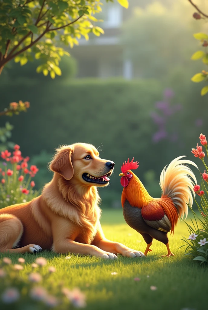 A female GOLDEN RETRIEVER dog, honey colored coat, deitado em um jadim residencial junto com um galo galisé brigando com um cachorro da raça SPITZ ALEMÃO de honey colored coat do sexo feminino