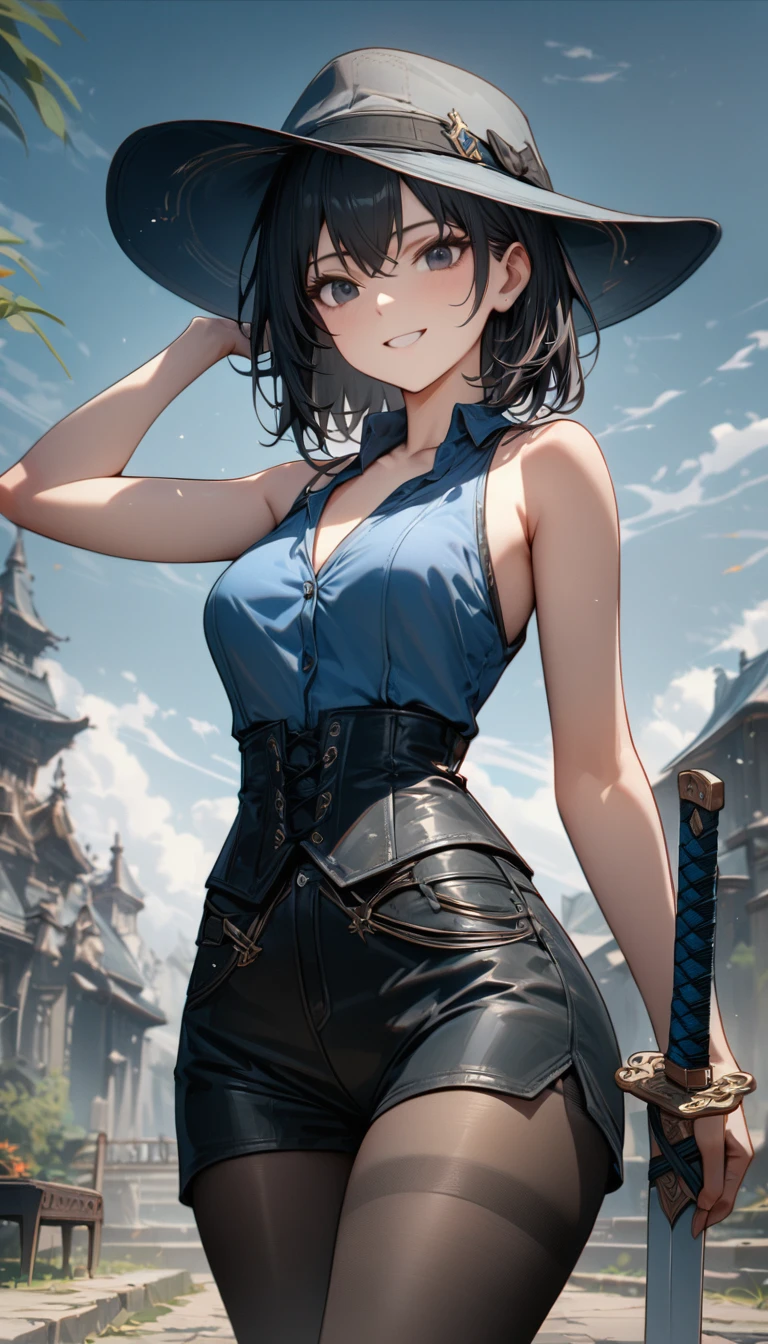 adult girl, very long black hair, black eyes, smile, hat, blue dress, sleeveless, open neck, black corset, black leather shorts, nylon tights, sword, yangyang, Masterpiece, best quality, Full HD, 8k, ultra details, great graphic