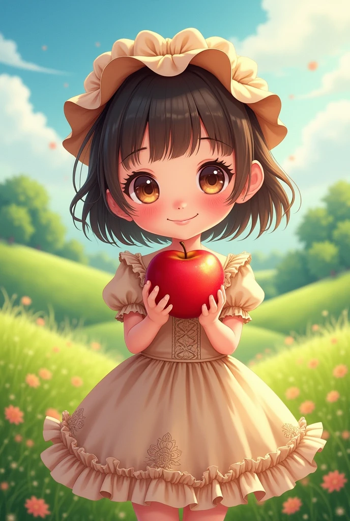  girl wearing anime style dress holding an apple
