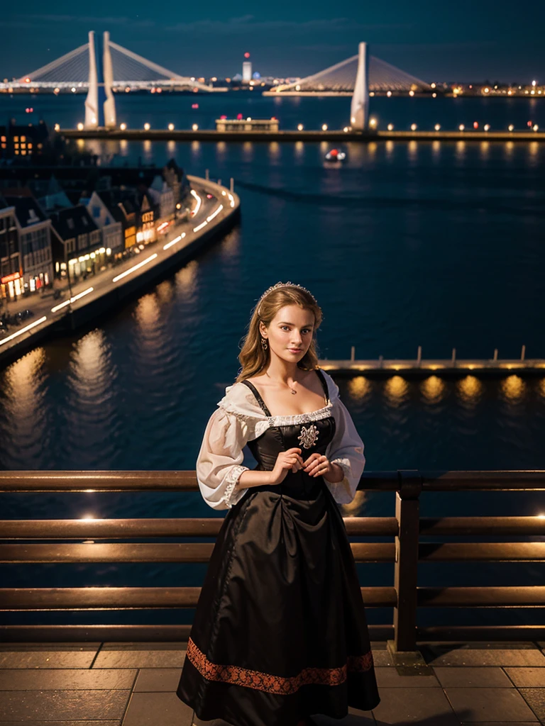 A Dutch woman wearing a traditional Dutch dress, posing in front of the Erasmus bridge in Rotterdam in the night with the city lights in the background, panorama composition, masterpiece, realistic, 4k, photography quality