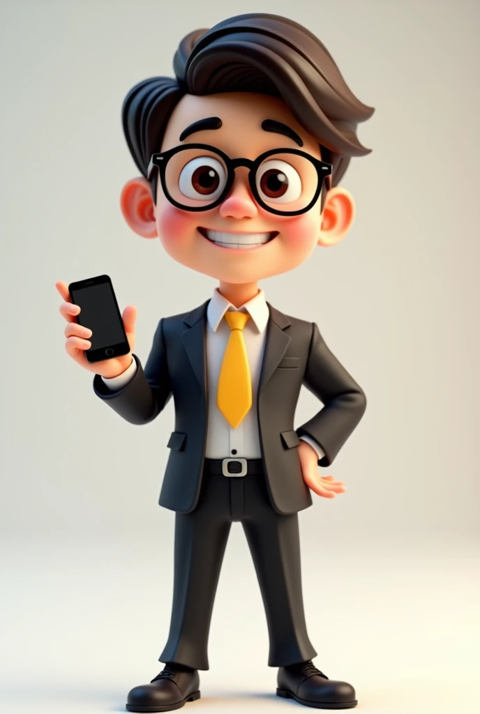 A full body 3D cartoon character. He has a friendly appearance, charismatic and is smiling. The character is a young man with fair skin, dark brown straight hair, bushy eyebrows, big brown eyes and wears glasses. His behavior is cheerful.

The character is dressed formally, wearing a black suit with a yellow tie.

With one hand she is holding a cell phone and with the other she is pointing at the cell phone. The background of the image is neutral, which further highlights the character.