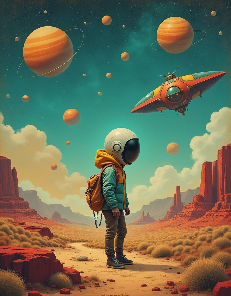 A captivating and whimsical painting that transports viewers to a serene otherwordly landscape on another planet dominated by cyan, teal, red, gold. The central figure is a melancholic, vintage-styled character, possibly a child, wearing a helmet, standing amidst a dreamlike environment. Planets and stars in the sky, steampunk spaceships, and an cosmic sky surrounds the character. The futuristic attire and setting evoke a sense of Sci Fi nostalgia. The overall atmosphere invites viewers to ponder the character's journey and emotions, drawing them into the nostalgic world of past times., illustration, poster, painting