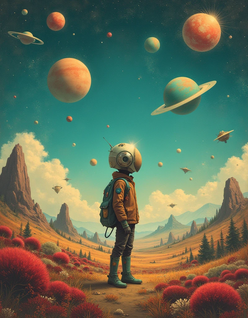 A captivating and whimsical painting that transports viewers to a serene otherwordly landscape on another planet dominated by cyan, teal, red, gold. The central figure is a melancholic, vintage-styled character, possibly a , wearing a helmet,  standing amidst a dreamlike environment. Planets and stars in the sky, steampunk spaceships, and an cosmic  sky surrounds the character. The futuristic attire and setting evoke a sense of Sci Fi nostalgia. The overall atmosphere invites viewers to ponder the character's journey and emotions, drawing them into the nostalgic world of past  times., illustration, poster, painting
