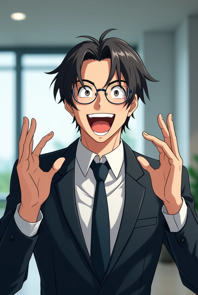 Man, black suit, glasses, corporate background, businessman, kind face, skinny, anime style, Japanese, looking straight ahead, big, hair hanging down, extremely happy, hands raised
