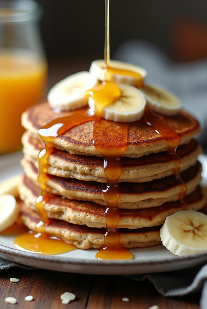 Oatmeal Pancake: A stack of oat pancakes garnished with banana slices and honey.
Centered for cutting without plate 