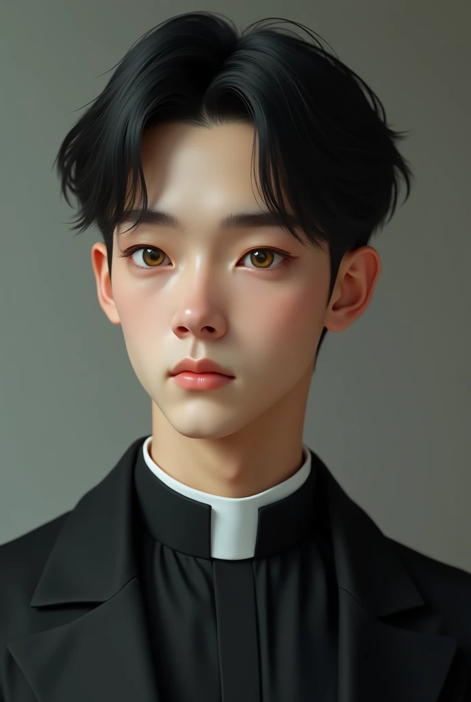A young man (about twenty-four years old) hairless, White skin, green eyes with brown highlights and black hair dressed in a black suit with a realistic priest collar