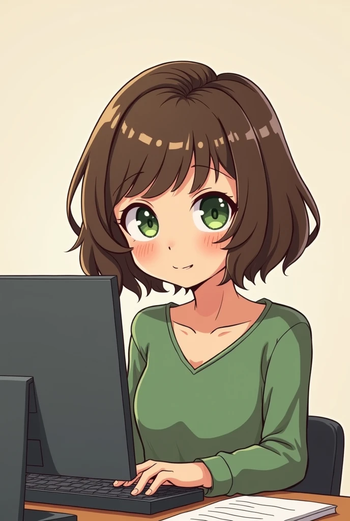 art mignon, art simple , femme, seulement les yeux vert, cheveux brun très court, un ordinateur sur un bureau, dessin