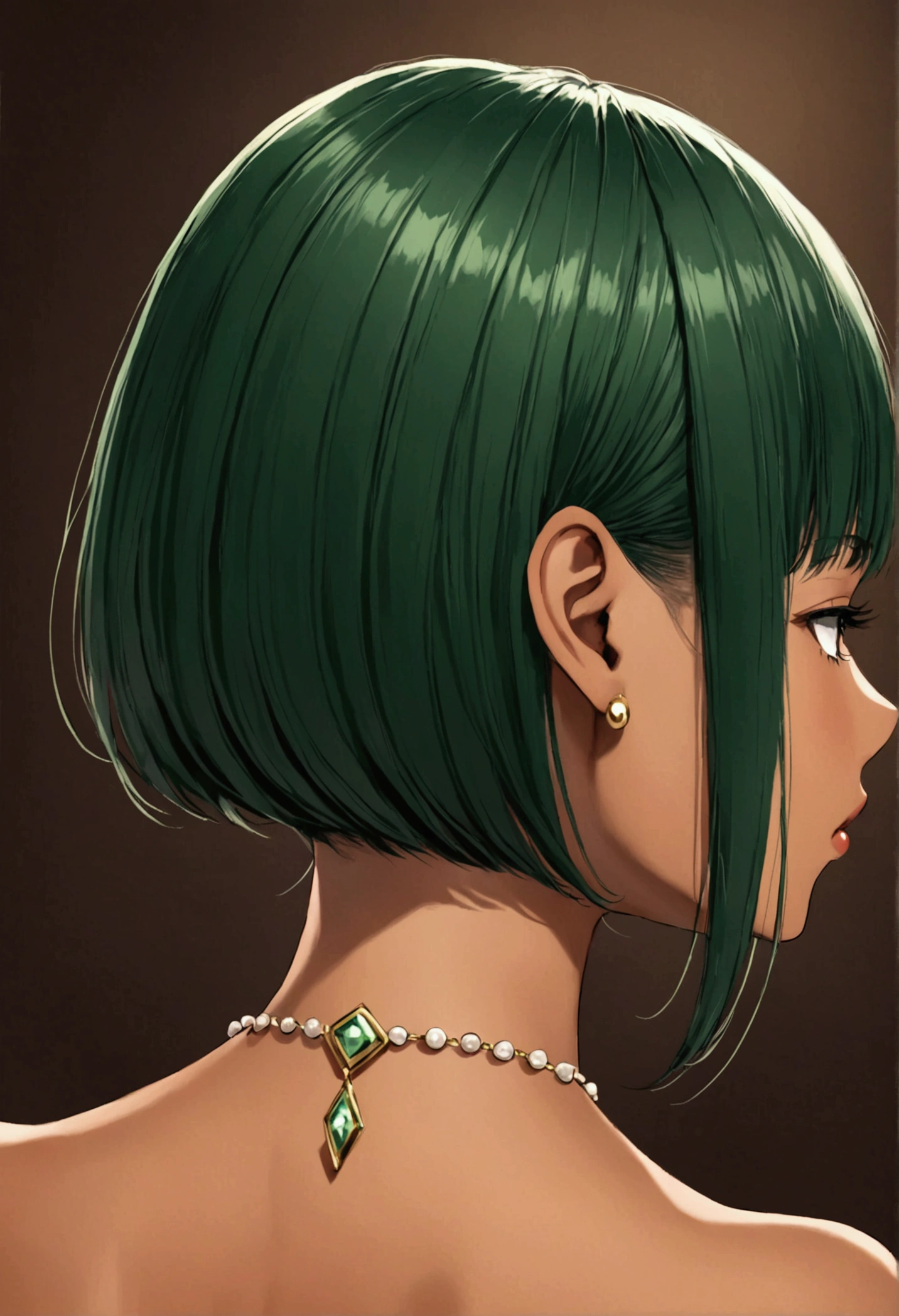 Tan skin Girl Back view dark green bob cut with high shaved nape