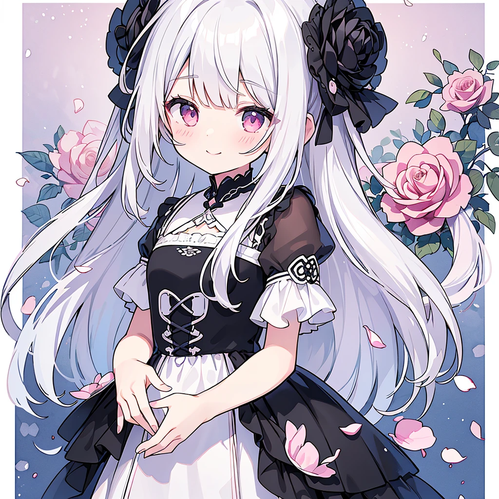 Transparent watercolor、、Beautiful layout and motif、Depth of written border、smile、1 person、Silver Hair((Medium Hair、Straight Hair))、White bristles、Fashionable design clothes、Background white、Rose petals、cute、black and pink goth、