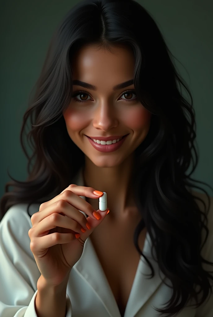 a beautiful latin woman, holding a medicine capsule with his fingers, detailed face, long ebony hair, smiling, cinematographic lighting, ultra detailed, high quality, masterpiece,