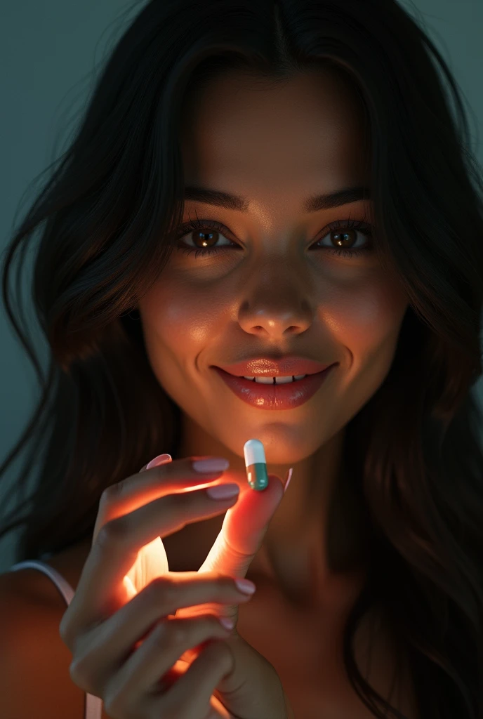 a beautiful latin woman, holding a medicine capsule with his fingers, detailed face, long ebony hair, smiling, cinematographic lighting, ultra detailed, high quality, masterpiece,