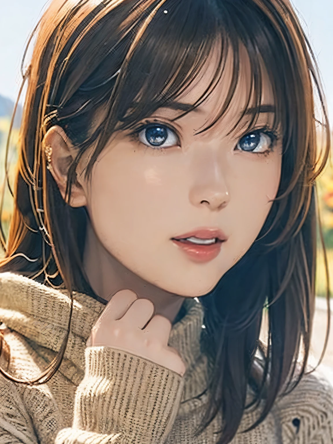 High resolution, 8k, Highest quality, detailed, Semi-realistic anime, Anime 3D Style, Smooth anime CG, One Girl, A 20-year-old Japanese woman, slim, Modeled, Shiny brown hair, detailedな顔, Beautiful and detailed, Glowing Skin, Hard Focus、Film Grain, Soft lighting, Looking at the audience, Laughter, (Warm sweaters and skirts、Autumn-like calm colors), A quiet mountain path with vibrant autumn foliage