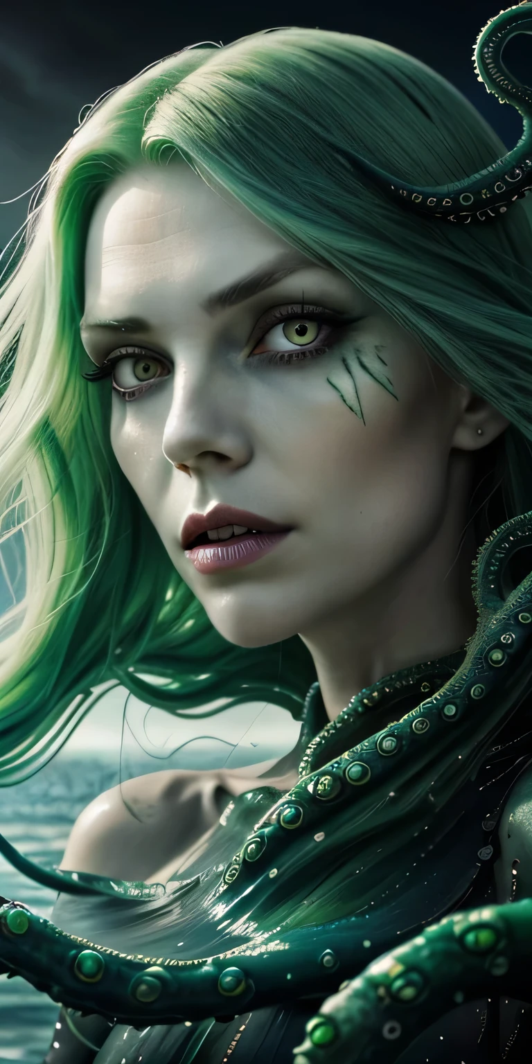 sea witch painting, Long Green Hair, evil, evil党, She is coming to you, Close-up, Dark Ocean,( In the water:1.1), lightning, Bright Eyes, Wearing a dress made of algae, Tentacles, octopus, (Close-up:1.3)