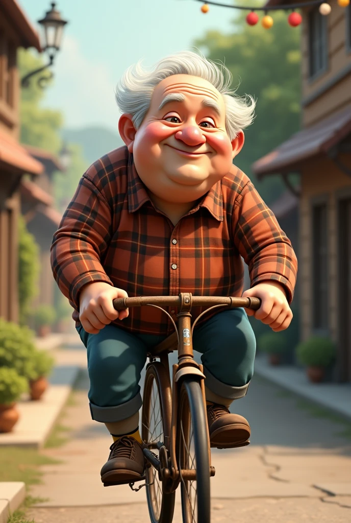 a chubby old man with white hair, plaid shirt on top of an old brown bicycle3D cartoon style, cinematic