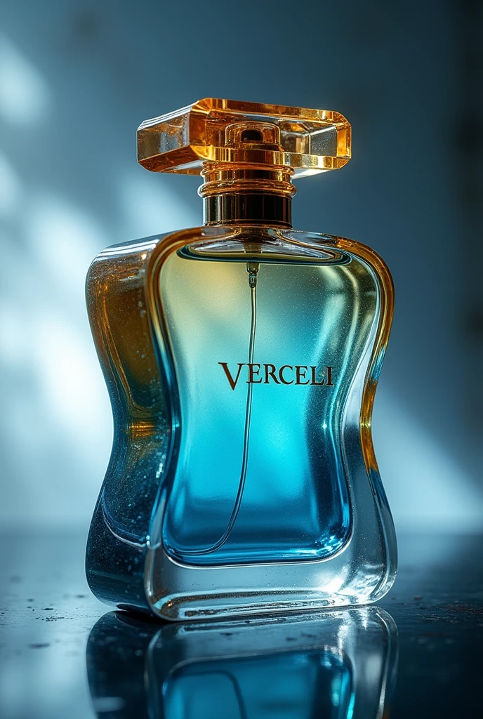 Perfume with the name Vercceli with the different blue and gold transparent bottle