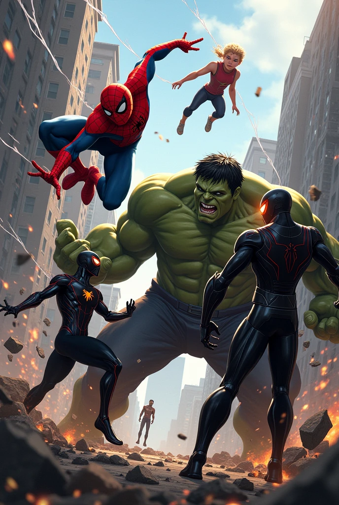 Team-Up Against Darkstrike
"Capture the intense action as Spider-Man, Hulk, and the young hero team up against Darkstrike. Spider-Man is mid-swing, webs shooting toward Darkstrike. Hulk is in the midst of delivering a massive punch, while the young hero hovers above the ground, using his telekinesis to hurl debris at the villain. Darkstrike, despite being outnumbered, stands firm, his dark armor glowing with ominous energy. The scene is chaotic, with the backdrop of New York City in ruins."
