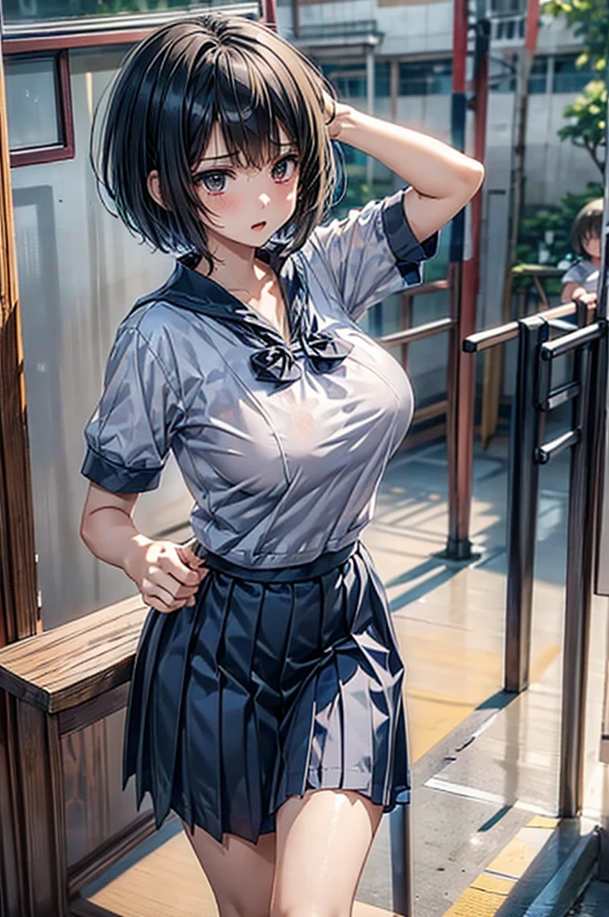 Anime style girl, Thai school tomboy girl, short hair with bangs in tomboy style, determined and focused face, wearing a school uniform that is soaked in sweat, showing the underwear inside, big breasts, the background is a basketball court, raising one hand behind the head, arching the chest to show big breasts
